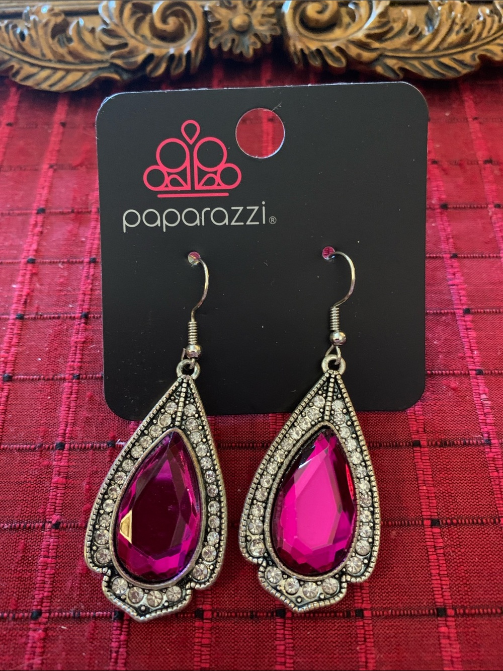 Paparazzi Hot Pink Teardrop Crystal Dangle Earrings
